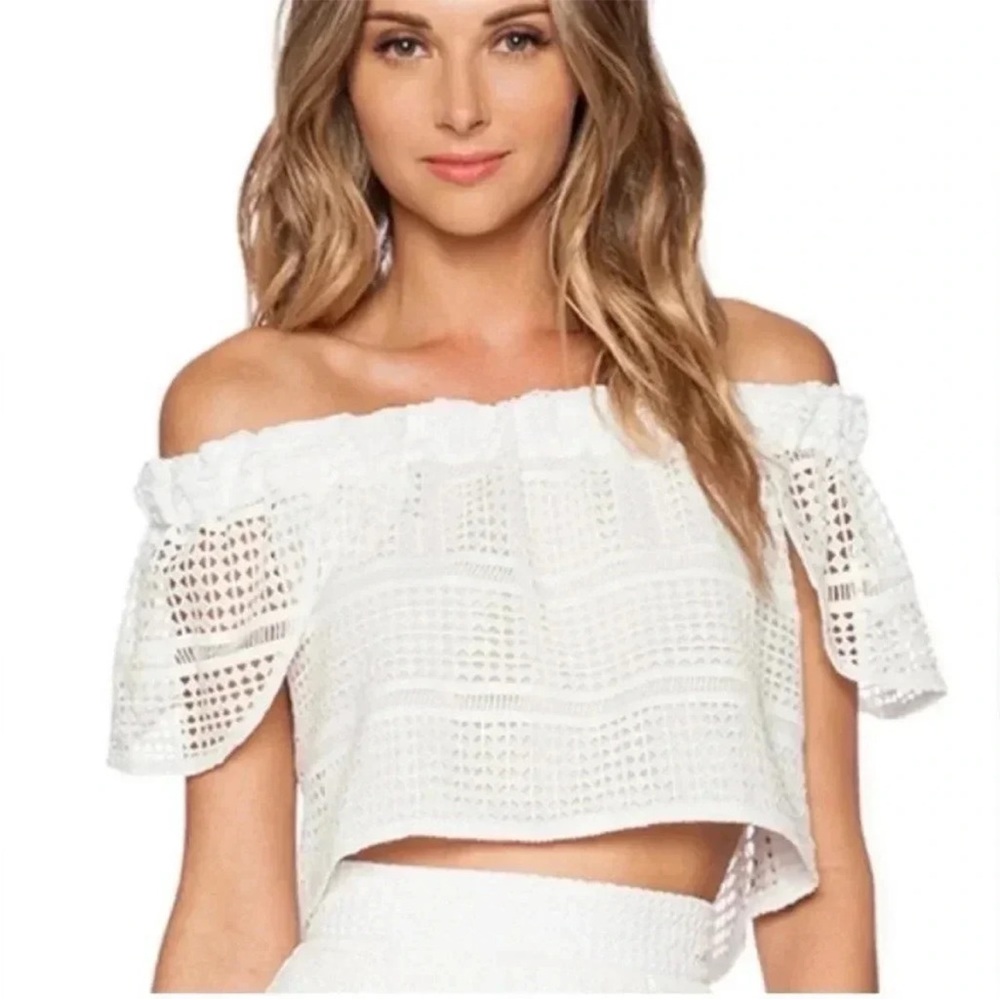 Nicholas Elegant Off-Shoulder White Lace  Crop Top